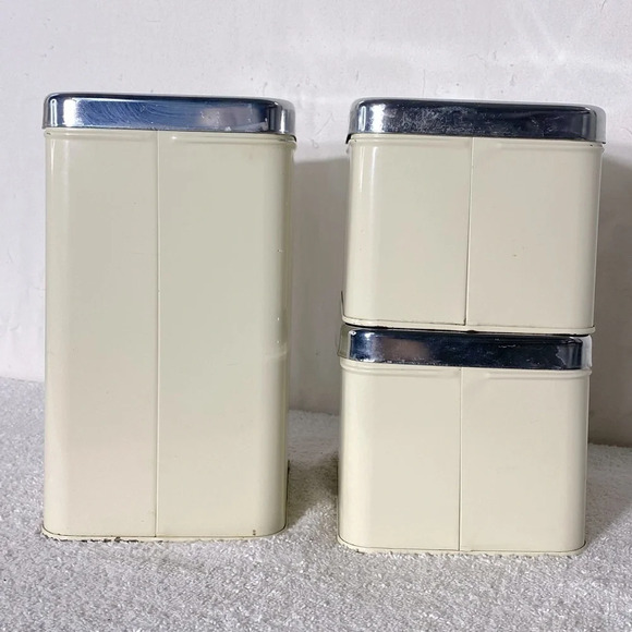 Vintage 70s Ekco Canada Limited Cream Beige Metal Canister Set Sugar Coffee Tea - Picture 3 of 11